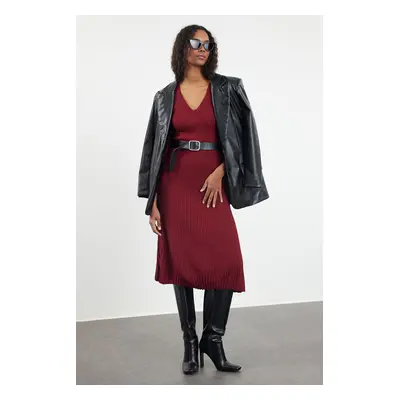 Trendyol Burgundy Midi Knitwear Dress with Frilled Hem