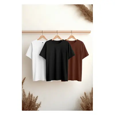 Trendyol Black-Brown-White Slim/Slim Cut Crew Neck 100% Cotton 3-Pack T-Shirt