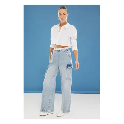 Trendyol Blue Cargo Pocket Detailed Boxer Belted High Waist Wide Leg Jeans