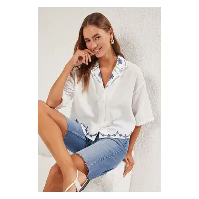 Trendyol Regular Fit Woven Shirt with White Collar and Woven Hem Embroidery Detail