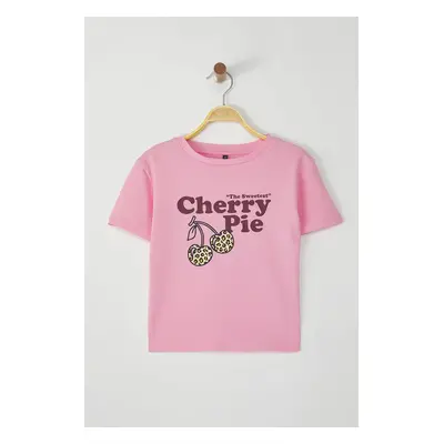 Trendyol Pink Slogan Printed Crop Fitted/Fits Body Knitted T-Shirt