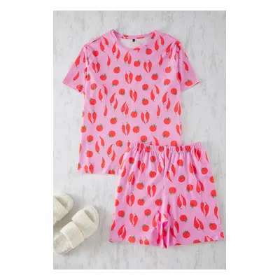 Trendyol Curve Pink Pepper Patterned Knitted Pajama Set