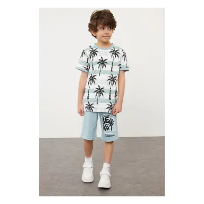 Trendyol Blue Boy Palm Patterned Knitted Bottom-Top Set