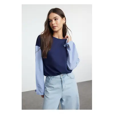 Trendyol Navy Blue Poplin Detailed Relaxed Knitted Blouse