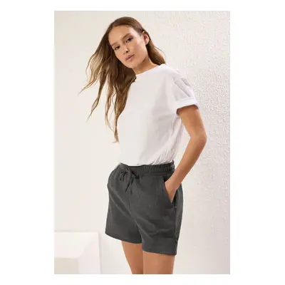 Trendyol Anthracite Textured Crepe High Waist Elastic Short Knit Shorts & Bermudas