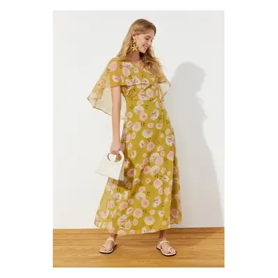 Trendyol Mustard Floral Half Sleeve Lined Woven Chiffon Dress