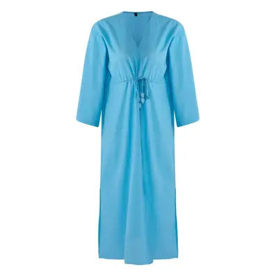 Trendyol Turquoise Plain Fitted Maxi Woven Striped 100% Cotton Dress