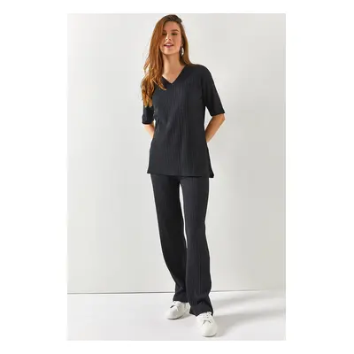 Olalook Women's Black Top V-neck Bottom Palazzo Corduroy Suit