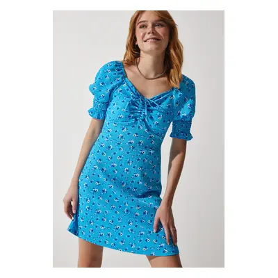 Happiness İstanbul Women's Light Blue Gathered V-Neck Patterned Knitted Dress