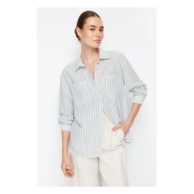 Trendyol Blue Striped Oversize Linen Look Woven Shirt