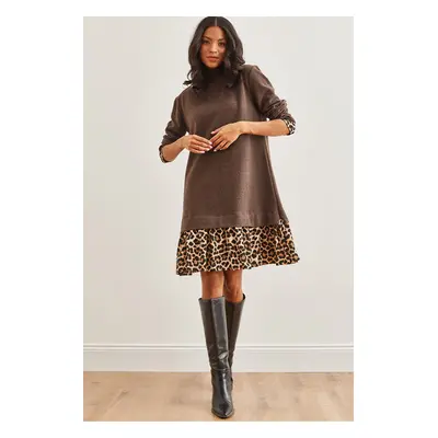 Olalook Women's Brown Leopard Garnished Thessaloniki Dress