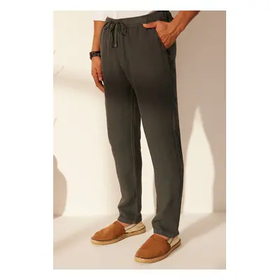 Trendyol Grey Limited Edition 100% Linen Straight Fit Elastic Waistband Trousers