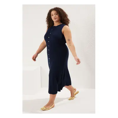 Trendyol Curve Navy Blue Button Detail Midi Length Knit Dress