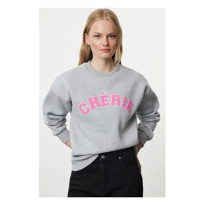 Trendyol Gray Melange Thick Inside Fleece Oversize/Relaxed Cut Slogan Embroidered Knitted Sweats