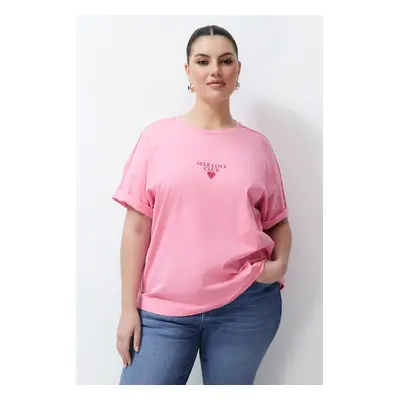 Trendyol Curve Pink Printed Oversize 100% Cotton Knitted T-shirt