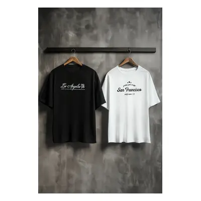 Trendyol Black 2-Pack Oversize/Wide Cut Printed 100% Cotton T-Shirt