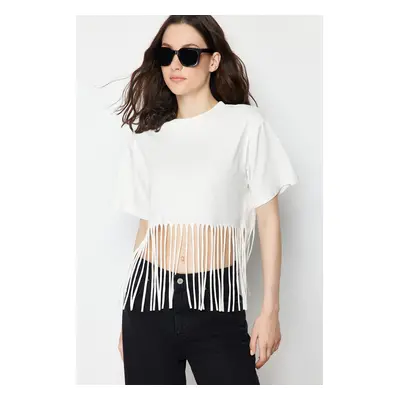 Trendyol Ecru 100% Cotton Tassel Detailed Knitted T-Shirt