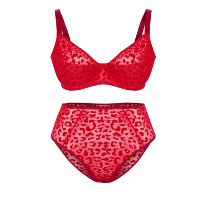 Trendyol Curve Red Velvet Leopard Print High Waist Plus Size Lingerie Sets