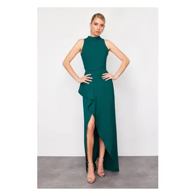 Trendyol Emerald Green Flounce Detailed Belted Woven Long Elegant Evening Dress