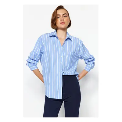 Trendyol Blue Striped Pocketed Oversize/Wide Fit Woven Shirt