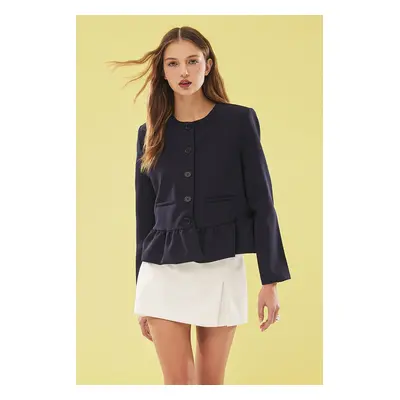 Trendyol Navy Blue Balloon Detailed Crew Neck Woven Blazer Jacket