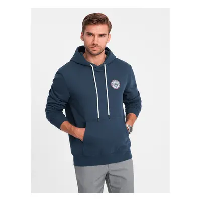 Ombre Men's kangaroo sweatshirt with hood and college style patch - navy blue