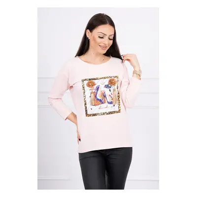 Blouse with 3D graphics and decorative pom pom powder pink