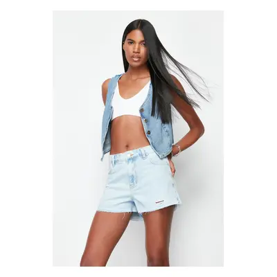 Trendyol Dark Blue Ripped Denim Shorts