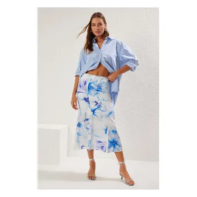 Trendyol Blue Floral Patterned Maxi Length Woven Skirt