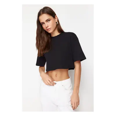 Trendyol Black 100% Cotton Cut Detail Relaxed Cut Crop Knitted T-Shirt