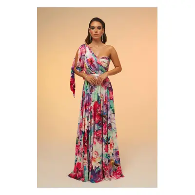 Carmen Fuchsia Printed Single Sleeve Long Evening Dress