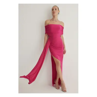 Trendyol Fuchsia Body-Sit Carmen Collar Knitted Elegant Evening Dress