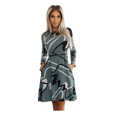 576-1 Sweater trapeze dress with belt - OLIVE in black-beige pattern