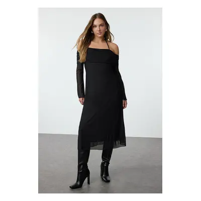 Trendyol Black Plain Tie Detail Midi Knit Dress