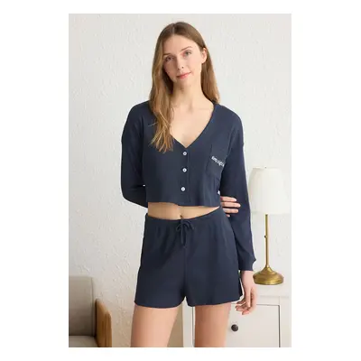 Trendyol Indigo Slogan Embroidered Ribbed Shorts Knitted Pajama Set