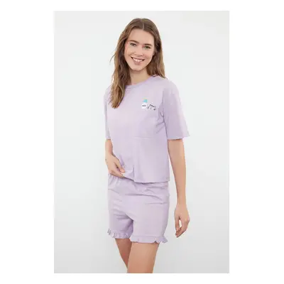 Trendyol Lilac Cotton Ruffle Printed Shorts Knitted Pajama Set