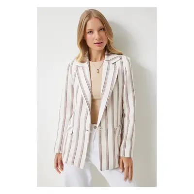 Happiness İstanbul Women's Brown Bone Striped Padded Linen Blend Blazer Jacket