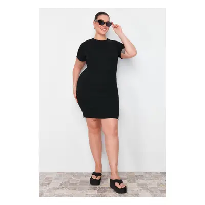 Trendyol Curve Black Fitted Mini Crew Neck Ribbed Stretchy Knitted Dress