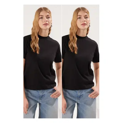 Trendyol Black-Black 2-Pack 100% Cotton Basic Stand Collar Knitted T-Shirt