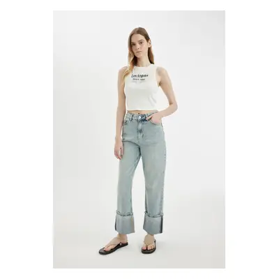 DEFACTO Straight Fit High Waist Folded Leg Ankle Length Jean Washed Trousers