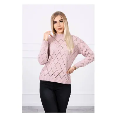 High-neckline sweater with diamond pattern powder pink