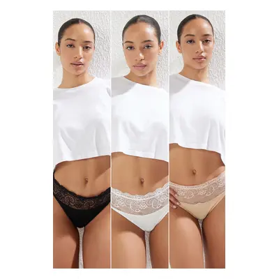 Trendyol Black-White-Skin 3-Pack Lace Detail Thong Knitted Panties