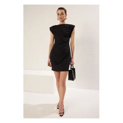 Trendyol Black Body Wrap Around Shoulder Pleated Detailed Mini Woven Dress