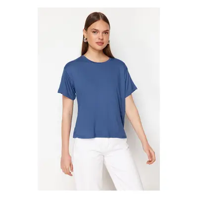 Trendyol Indigo Viscose Short Sleeve Crew Neck Knitted T-Shirt