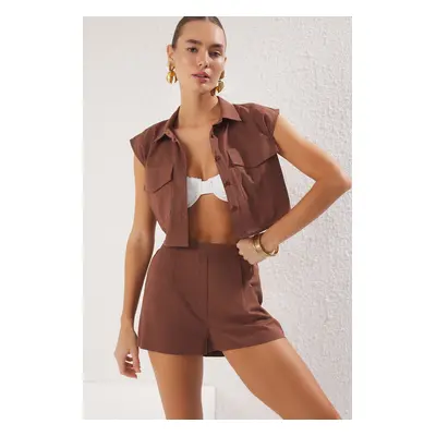 Trendyol Brown Shirt Shorts Set