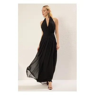 Trendyol Black A-Line Draped Detail Tulle Knitting Maxi Evening Dress & Graduation Dress