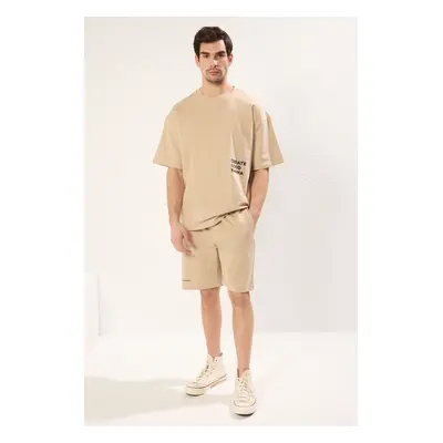 Trendyol Beige Tracksuit Relaxed Cut Text Printed Cotton