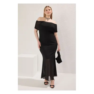 Trendyol Curve Black Carmen Collar Tulle Knit Plus Size Dress