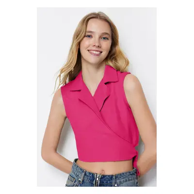 Trendyol Pink Tied Woven Linen Look Woven Blouse