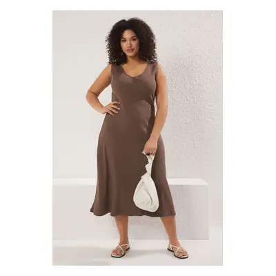 Trendyol Curve Brown Camisole Knitted Plus Size Dress